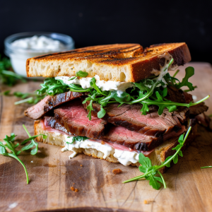 BBQ Grilled Tri-Tip Sandwich with Horseradish Cream and Arugula