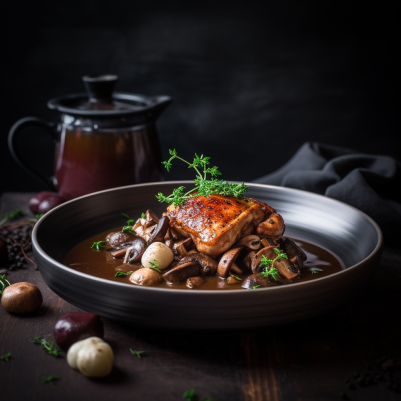 Coq au Vin (French Chicken Stew) with Red Wine, Mushrooms, and Pearl Onions