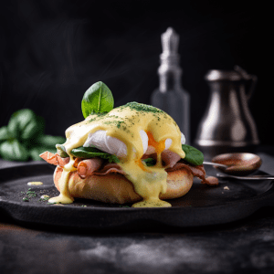 Italian Style Eggs Benedict with Prosciutto and Basil Hollandaise