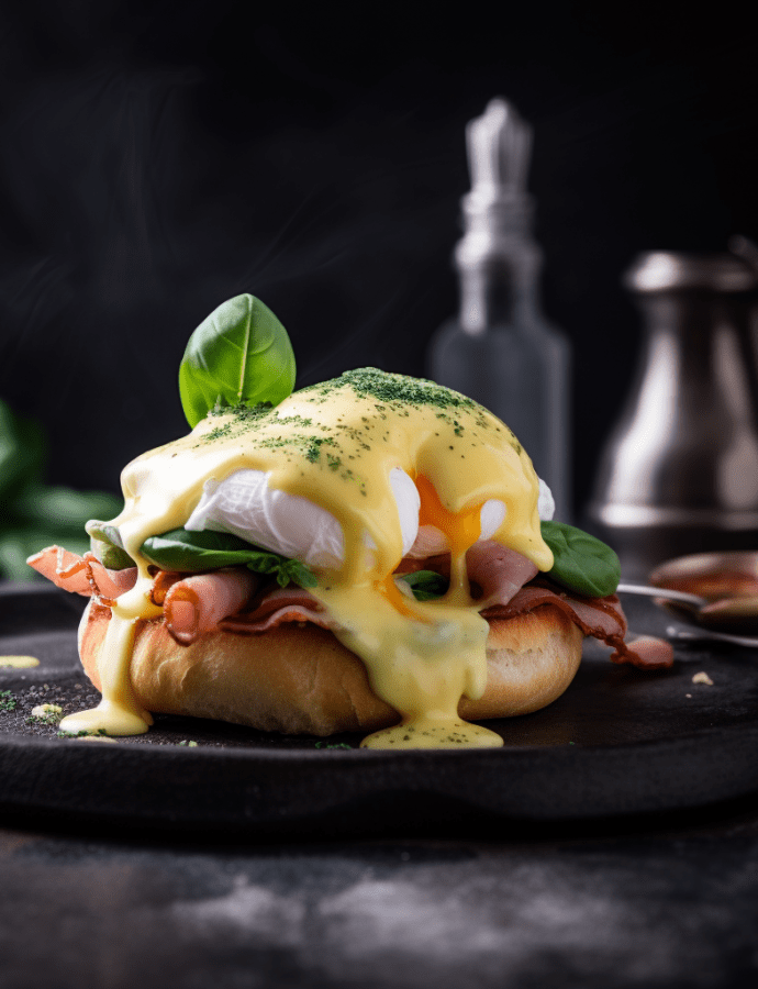 Italian Style Eggs Benedict with Prosciutto and Basil Hollandaise