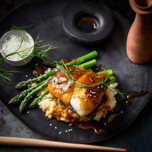 Miso-Glazed Cod with Sesame Roasted Asparagus and Sticky Rice