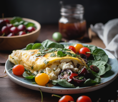 Morning Sunshine Omelet with Sautéed Spinach, Cherry Tomatoes, and Goat Cheese
