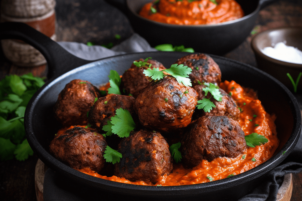 Moroccan Harissa Spiced Meatballs with Smoky Roasted Red Pepper Dip