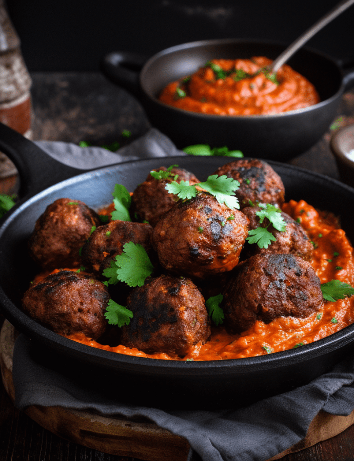 Moroccan Harissa Spiced Meatballs with Smoky Roasted Red Pepper Dip
