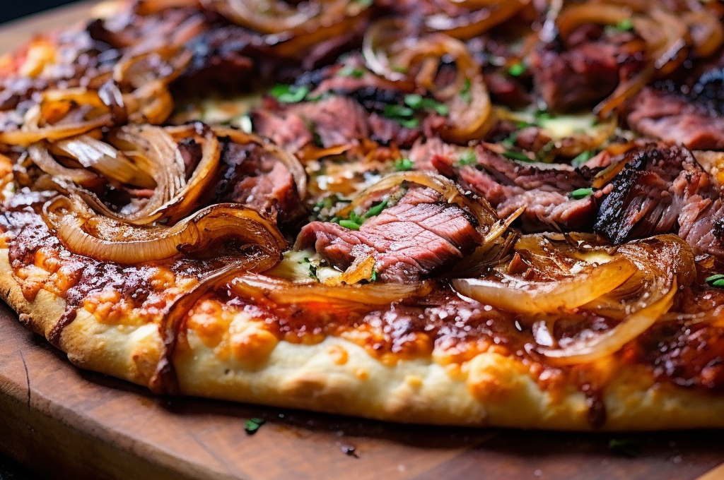Smoky BBQ Tri-Tip Pizza with Caramelized Onions and Gouda Cheese