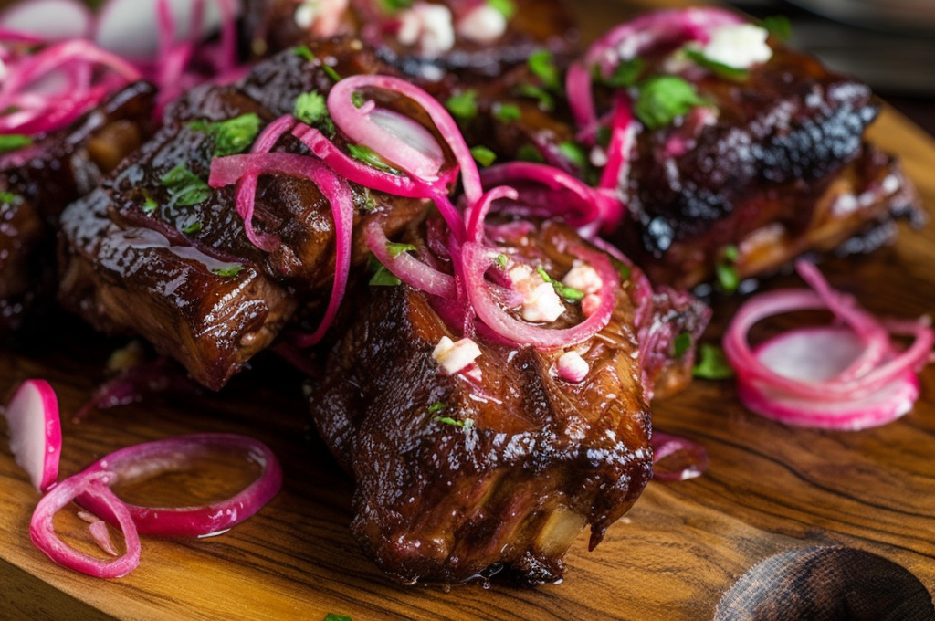 Smoky Habanero Glazed Beef Ribs with Spicy Pickled Onions