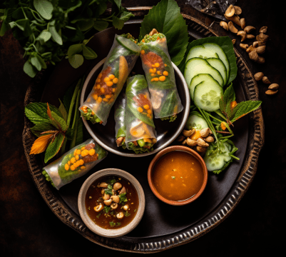 Vietnamese Fresh Spring Rolls with Peanut Dipping Sauce and Herbs
