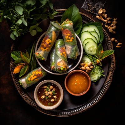 Vietnamese Fresh Spring Rolls with Peanut Dipping Sauce and Herbs