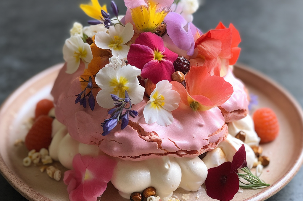 A Wild French Pastry Meringue with Seven Colors of Strawberry and Edible Wildflowers
