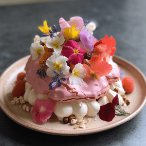 A Wild French Pastry Meringue with Seven Colors of Strawberry and Edible Wildflowers