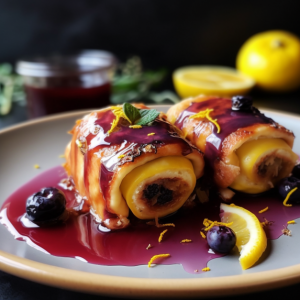 Blueberry Lemon Ricotta Pancake Rolls with Lavender Honey Syrup and Candied Lemon Zest