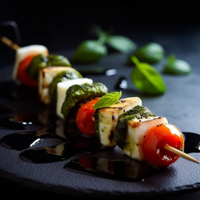 Caprese Skewers with Pesto-Grilled Halloumi Cheese and Balsamic Reduction