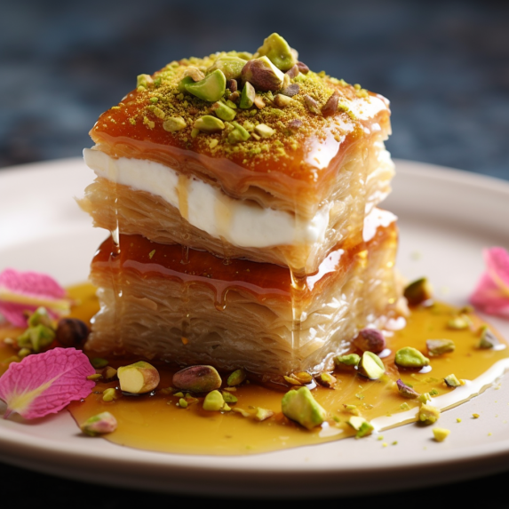 Cardamom Pistachio Rosewater Baklava with Orange Blossom Syrup and Crushed Pistachios