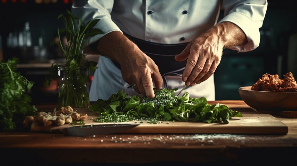 Chef cutting delicate herbs