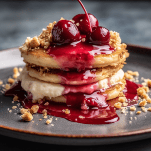 Cherry Cheesecake Buttermilk Pancakes with Cherry Sauce and Graham Cracker Crumble