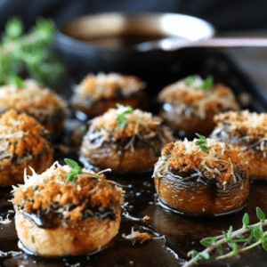 Crispy Parmesan and Herb Stuffed Mushrooms with Balsamic Glaze