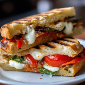 Greek-Inspired Caprese Panini with Tzatziki Sauce and Roasted Red Peppers