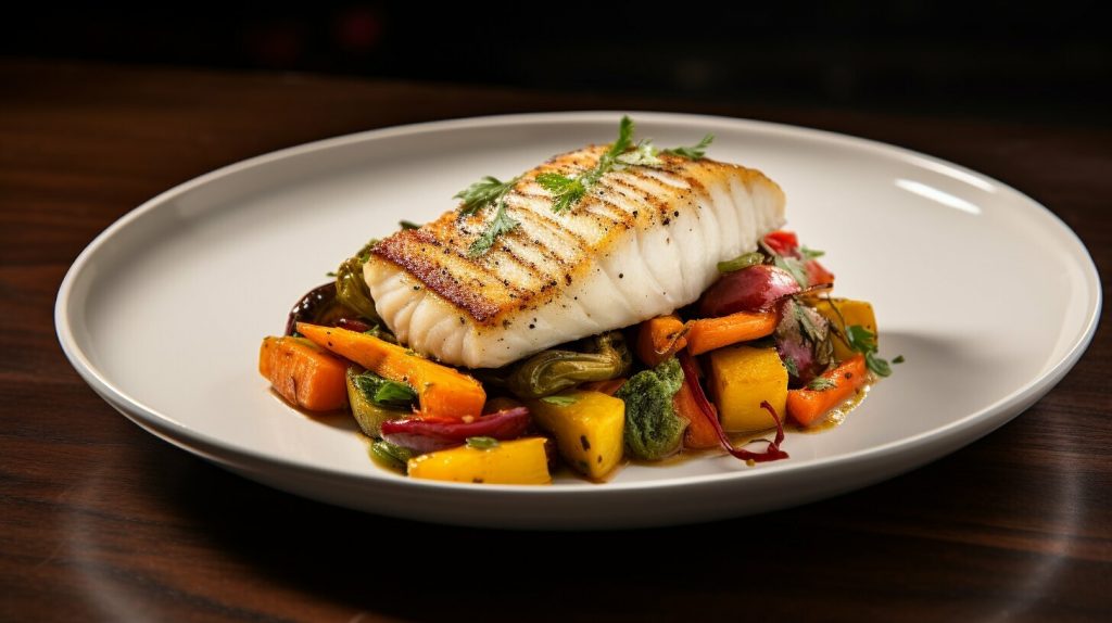 Halibut with Moroccan Charmoula Sauce and Roasted Vegetables