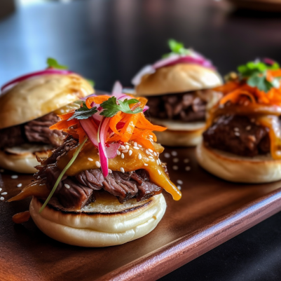 Korean Bulgogi Beef Sliders with Spicy Kimchi Mayo and Pickled Vegetables