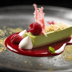 Matcha Green Tea White Chocolate Mousse with Raspberry Coulis and Almond Tuile