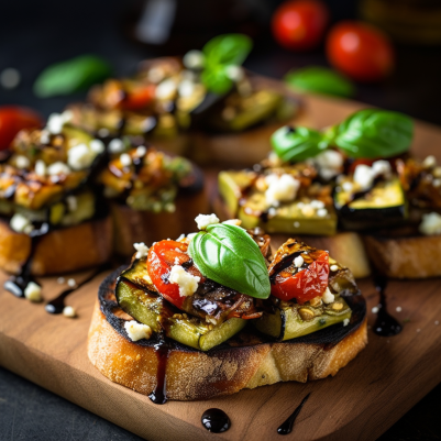 Mediterranean Grilled Vegetable Bruschetta with Feta and Pesto Drizzle
