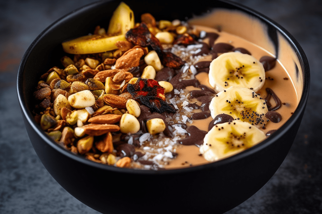 Peanut Butter Banana Smoothie Bowl with Granola and Dark Chocolate Drizzle