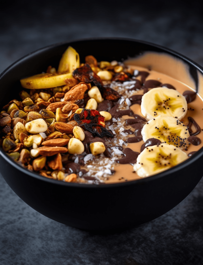 Peanut Butter Banana Smoothie Bowl with Granola and Dark Chocolate Drizzle
