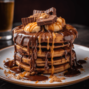 Peanut Butter Cup Buttermilk Pancakes with Peanut Butter Cup Chunks and Chocolate Drizzle