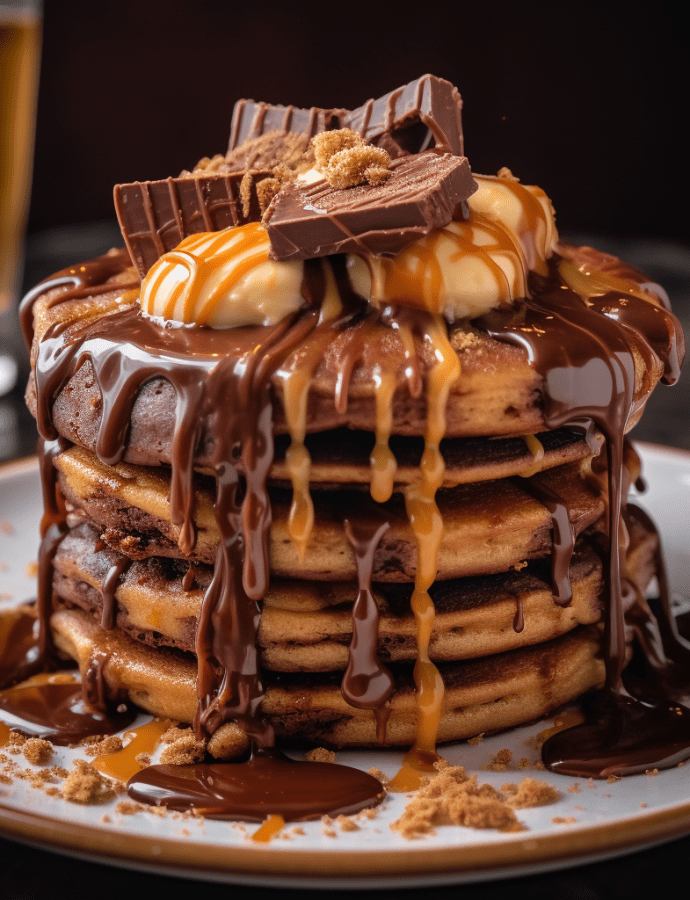 Peanut Butter Cup Buttermilk Pancakes with Peanut Butter Cup Chunks and Chocolate Drizzle