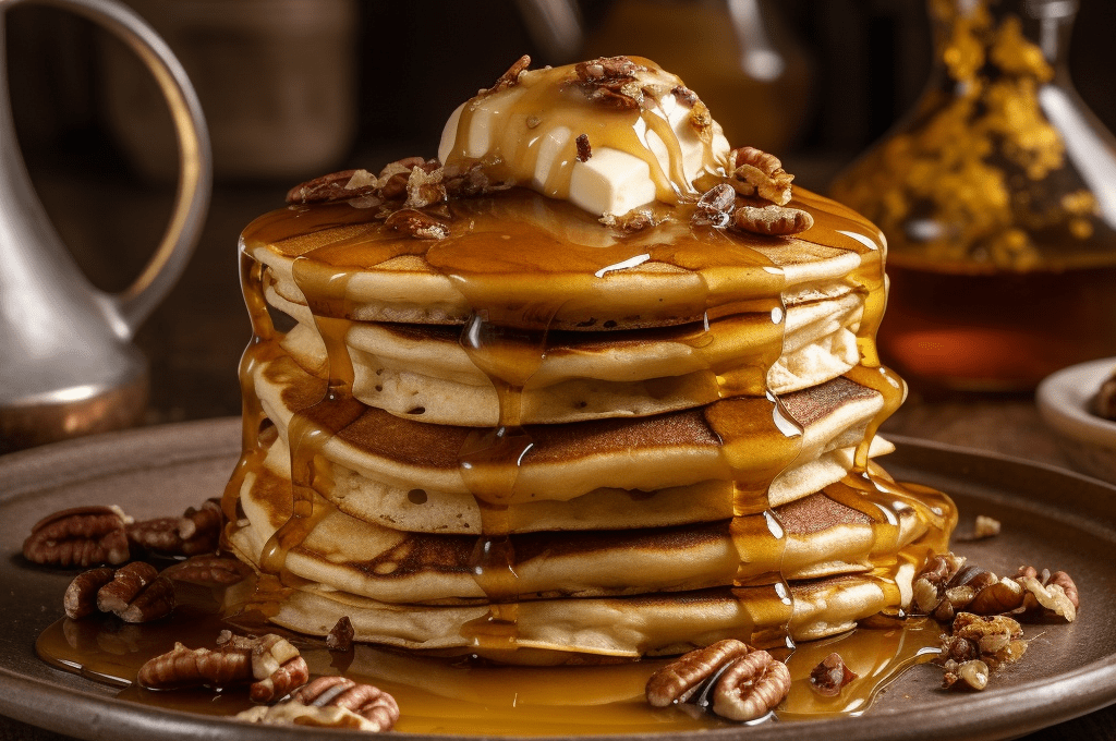 Pecan Pie Buttermilk Pancakes with Maple Syrup