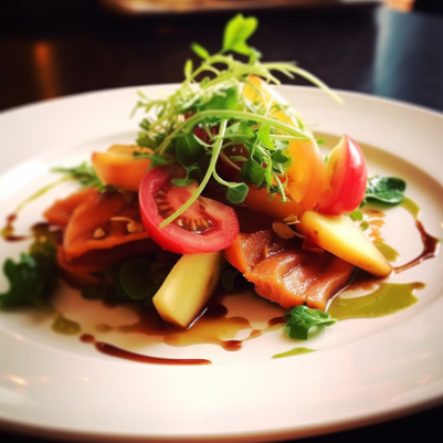 Smoked Salmon Salad with Heirloom Tomatoes, Cucumber, Fresh Herbs, Red Onion, and Balsamic Glaze