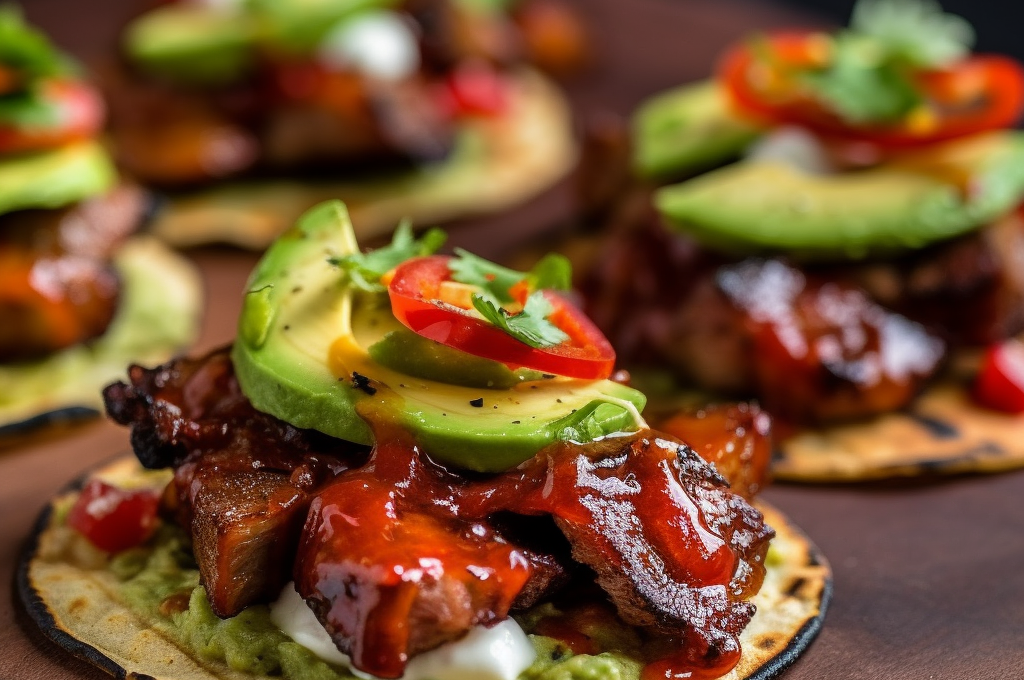 Smoky BBQ Pork Belly Burnt End Tostadas with Avocado Crema and Pickled Summer Peppers