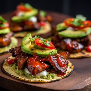 Smoky BBQ Pork Belly Burnt End Tostadas with Avocado Crema and Pickled Summer Peppers