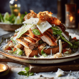 Smoky Grilled Chicken Caesar Salad with Charred Romaine Hearts and Parmesan Crisps
