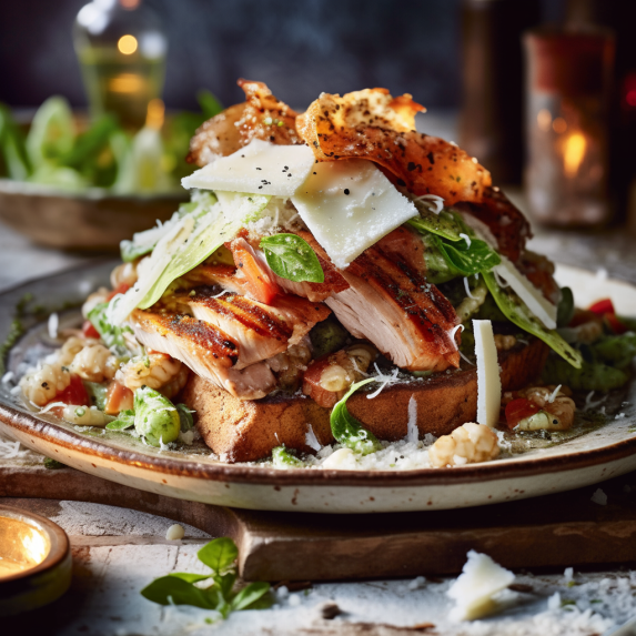 Smoky Grilled Chicken Caesar Salad with Charred Romaine Hearts and Parmesan Crisps