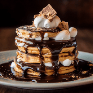S’mores Buttermilk Pancakes with Marshmallow Fluff and Chocolate Ganache