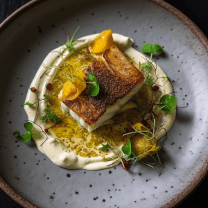 Spiced Moroccan Halibut with Preserved Lemons, Sumac, and Herb-infused Crème Fraîche