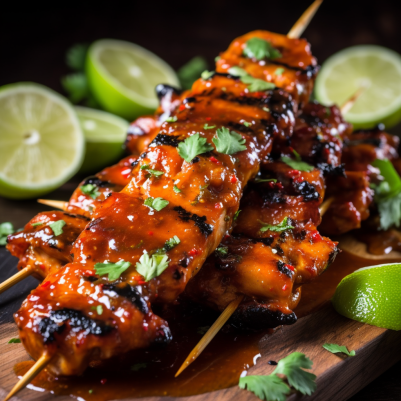Spicy Sriracha Honey Glazed Chicken Skewers with Lime Cilantro Dip