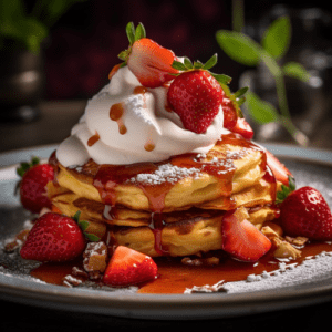 Strawberry Shortcake Buttermilk Pancakes with Fresh Strawberries and Whipped Cream