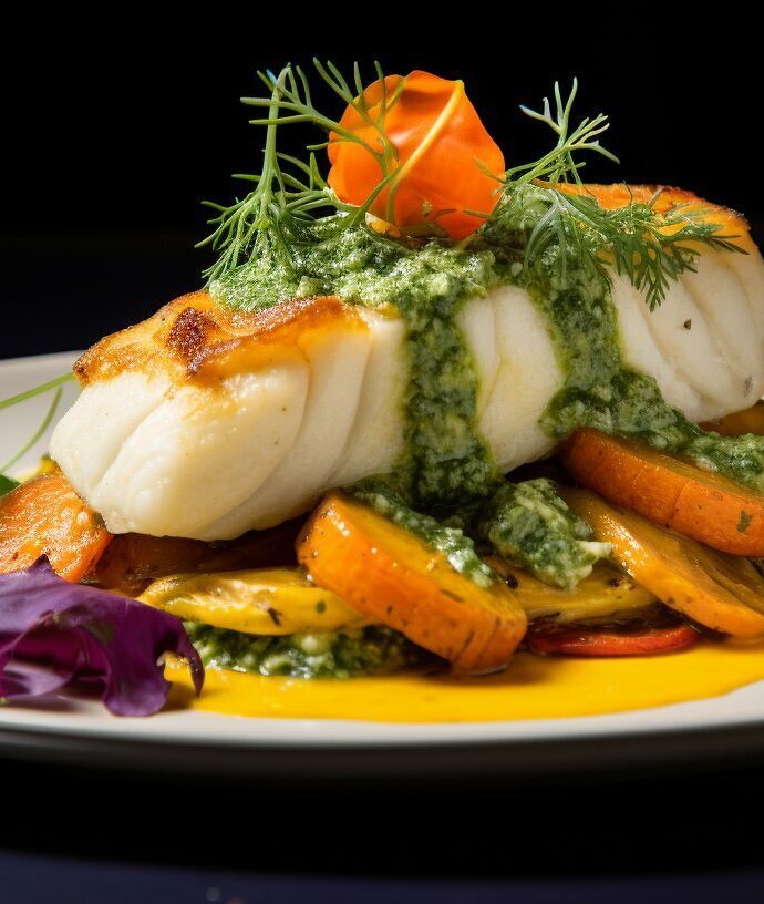 Try our Delicious Halibut with Moroccan Charmoula Sauce and Roasted Vegetables Recipe!