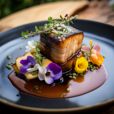 Cider Braised Pork Belly with Bacon Consommé and Foraged Herbs and Flowers