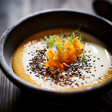 Roasted Carrot and Ginger Soup with Ajo Blanco and Sesame Seeds