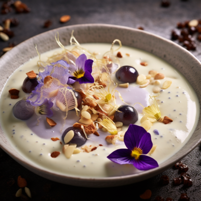 White Gazpacho with Roasted Grapes and Marcona Almond Slivers