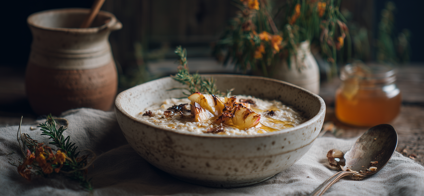 bowl of einkorn porridge topped with roasted fall apples, honey, and citrus zest