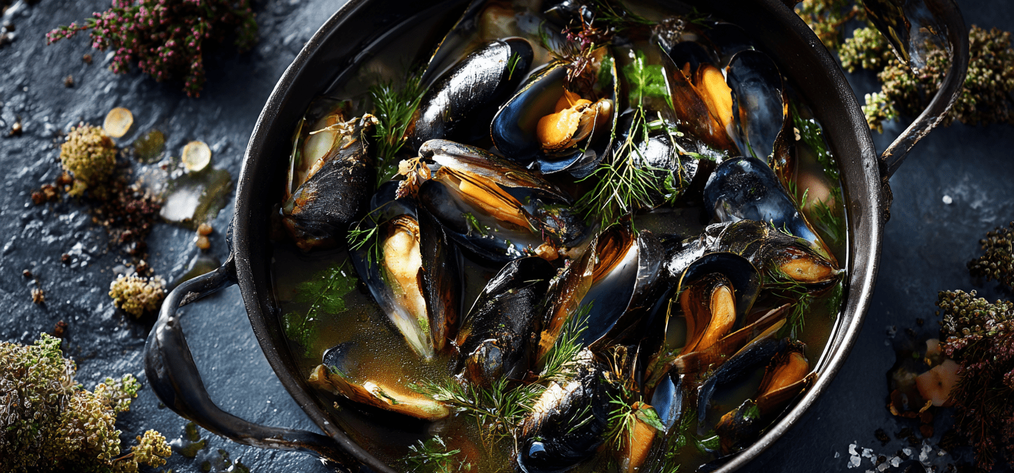 Penn Cove Mussels in White Wine with Evergreen Herbs